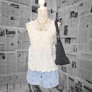 Eddie Bauer Linen Tank Top Small White Embroidered Eyelet Scallop Hem Summer